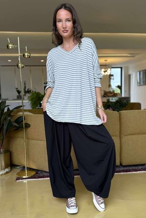 Made in Italy Perfect Breton V Long Sleeve Top Light Grey - ** 